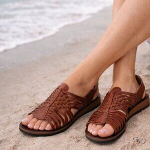 Kinney Shoes Woven Leather Sandals Size 7 VTG Brown Wedge Boho Summer Footwear